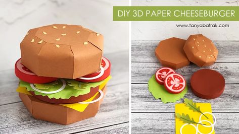 DIY 3D Paper Cheeseburger Hamburger Paper Craft, Diy Food Paper, Paper Food Crafts 3d, Paper Food Ideas, Diy Paper Food Crafts, 3d Paper Food Templates, Paper Food Templates, Paper Cake Craft, Cake Diy Paper