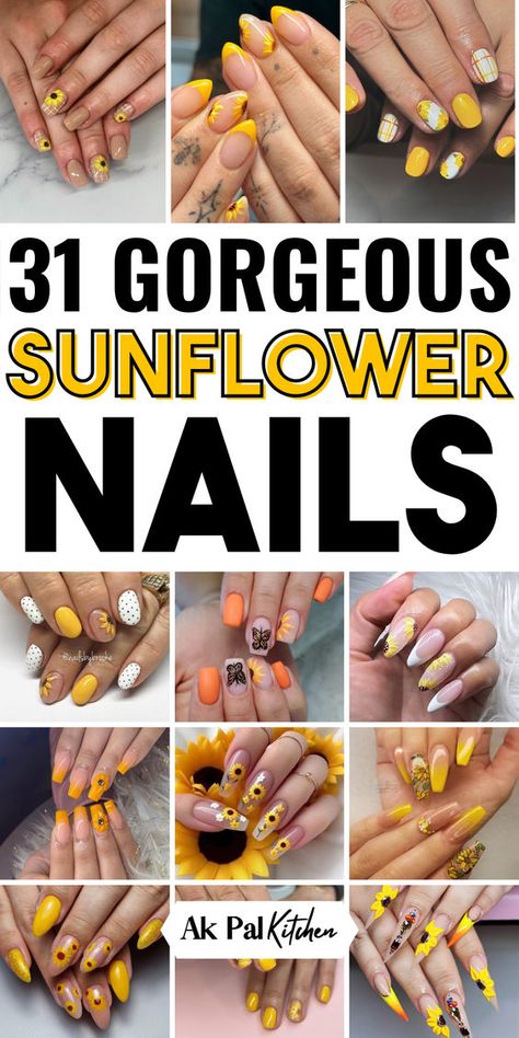 31 Gorgeous Sunflower Nails - Ak Pal Kitchen Nail With Sunflower Design, Navy Sunflower Nails, Short Sunflower Nail Designs, Sunflower Nail Designs Acrylic, Sunflower Dip Nails, Sunflower Themed Nails, Sunflower On Nails, Short Nails Sunflower, Summer Sunflower Nails