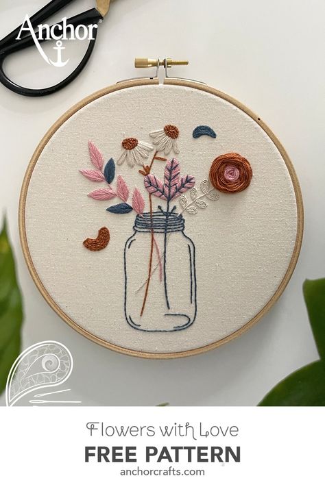 Beautifully embroidered jar of flowers with delicate details and pastel shades. Give yourself or someone special a beautiful jar of flowers that will last forever! Pintura A Guache, Anchor Flower, Vintage Crewel Embroidery, Vintage Embroidery Patterns, Sulaman Pita, Love Crafts, Vintage Crewel, Crewel Embroidery Patterns, Hand Embroidery Patterns Free