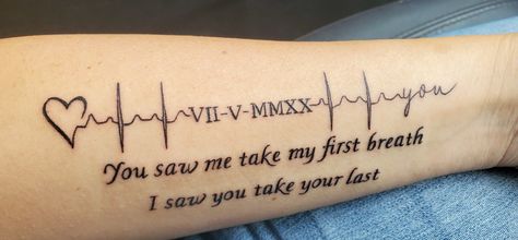 My dad's actual heartbeat incorporated into this beautiful piece ❤ Ekg Memorial Tattoos, Last Heartbeat Tattoo Dads, Tattoos With Heartbeat, Heartbeat Memorial Tattoo, Goodbye Tattoo Ideas, Heartbeat Tattoo Memorial Mom, Memorial Heartbeat Tattoos, Heart Beat Memorial Tattoos, Disney Heartbeat Tattoo