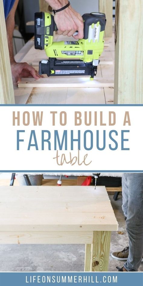 Easy DIY how to build a farmhouse table project. If you have never built a table before then this is going to be the perfect table to make. Here is a step by step tutorial on how to build a farmhouse table for your dining room, kitchen or patio. This beginner guide is a simple DIY project. This table is a small narrow table but you can adjust the size to a larger one. Lots of pictures and detailed instructions with plans. Farm House Table Plans, Farm Table Plans, Building A Farmhouse, Small Farmhouse Table, Outdoor Farm Table, Build A Farmhouse, Dining Table Plans, Build A Farmhouse Table, Farmhouse Table Plans