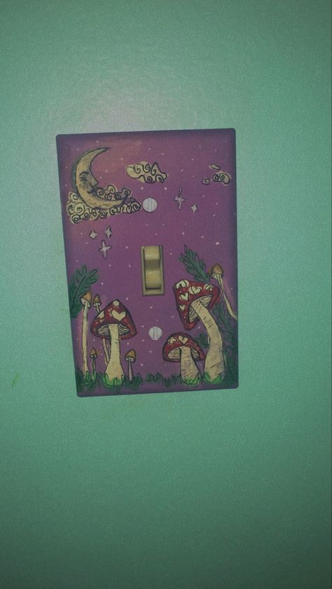 #aesthetic #mushrooms #hippie #cottagecore #cottagehippie #tiktok #painted #paintedlightswitch #artideas Cottage Core Light Switch Cover, Painting Outlets Covers, Light Cover Painting Ideas, Painted Light Switch Plates Aesthetic, Light Switch Covers Aesthetic, Light Switch Painting Ideas Aesthetic, Painted Lightswitch Cover, Outlet Cover Painting Ideas Aesthetic, Cottage Core Painting Easy