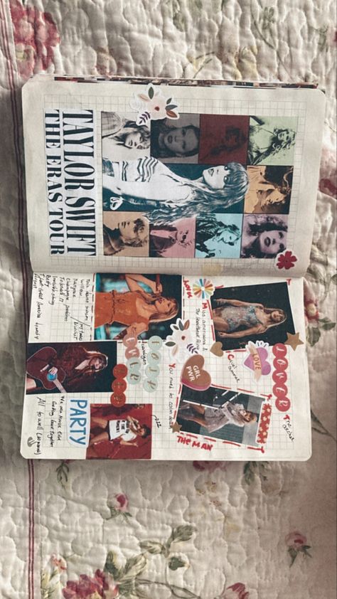 Taylor Swift Inspired Design, Taylor Swift Themed Journal, Books Inspired By Taylor Swift, Scrapbook Taylor Swift Ideas, Eras Tour Scrapbook Page, Taylor Swift Yearbook Theme, Scrapbook Journal Taylor Swift, Taylor Swift Confetti Ideas, Taylor Swift Scrapbook Page