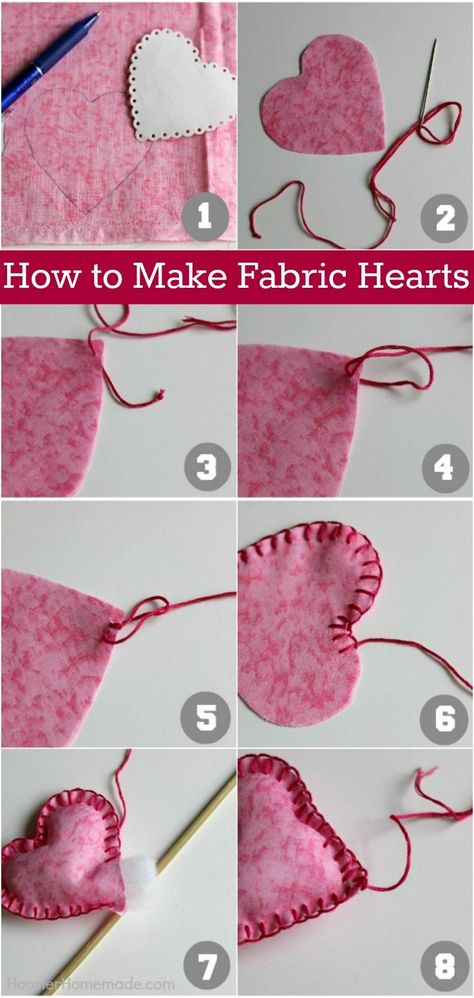 Learn how to make these colorful Fabric Hearts! Hang the fabric hearts on a string, decorate with them, or use them on a wreath - the options are endless! Pin to your DIY Board! Fabric Valentines, Easy Valentine Crafts, Diy Valentine's Day Decorations, Heart Diy, Diy Valentines Decorations, Colorful Fabric, Fabric Hearts, Valentine Projects, Fabric Heart