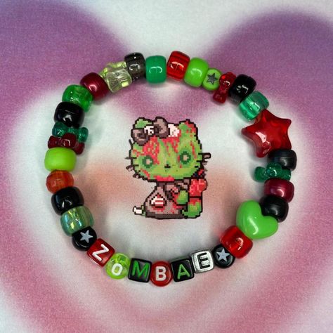 Scenecore Zombie "zombae" Kandi Bracelet - Handmade... - Depop Weirdcore Bracelets, Edc Kandi Bracelets, Zombie Kandi, Cool Kandi Cuff Ideas, Emo Bracelets Beads, Scene Kandi Ideas, Scenecore Bracelets, Zombie Scenecore, Grunge Kandi