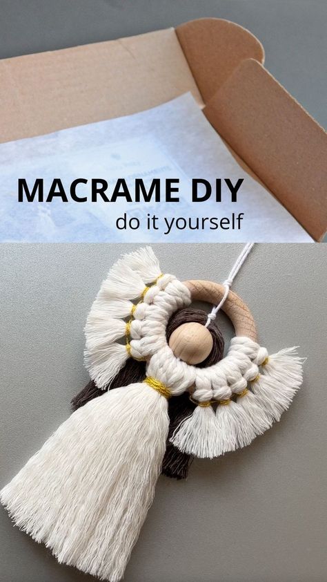 Easy Ways To Decorate For Christmas, Diy Pom Pom Projects, First Macrame Project, Macrame Angle Diy, Macrame Angels Free Pattern, Macrame Angel Diy Easy, Yarn Angel Ornaments Diy, Macrame Christmas Ornaments Diy Easy, Winter Macrame Ideas