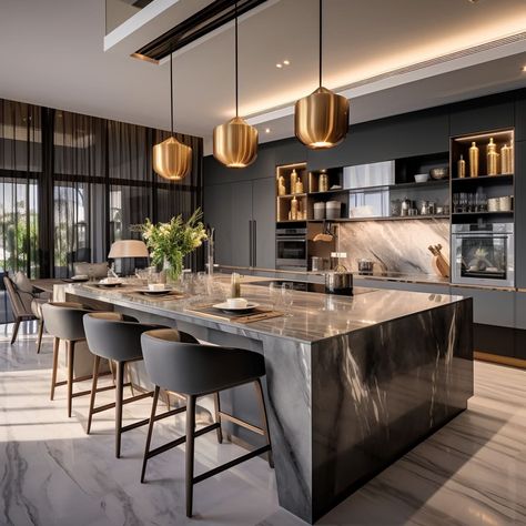 A marble-topped island takes center stage in this contemporary kitchen’s interior design. Room Ideas Beachy, Summer Room Ideas, Cozy Room Ideas, Luxury Kitchen Design Modern, Contemporary Kitchen Interior, Modern Kitchen Island Design, Modern Kitchen Bar, Room Ideas For Men, Bedroom Summer