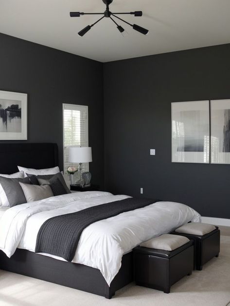 Gray Bedroom Flooring Ideas, Dark Grey Bedroom Ideas For Couples, Grey And Black Room Bedroom Ideas, Paint Ideas For Mens Bedroom, Black Color Bedroom Ideas, Male Room Color Ideas, Black Wall Paint Ideas Bedrooms, Bedroom With Dark Gray Accent Wall, Black Bedroom Walls And Ceiling