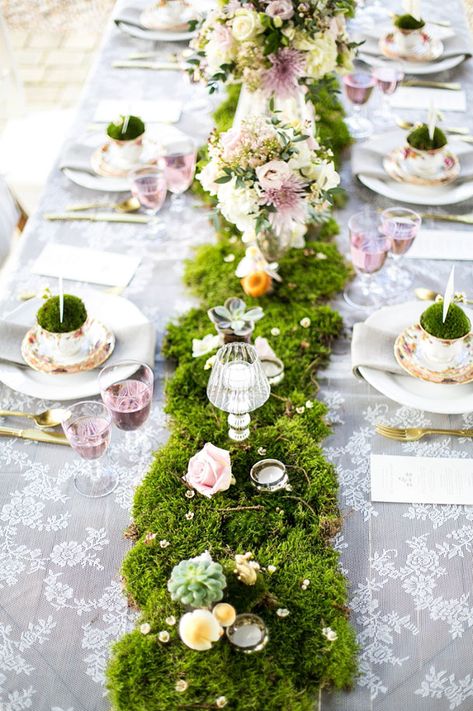 Visit the post for more. Spring Wedding Tablescapes, Moss And Flowers, Moss Wedding, Secret Garden Parties, Garden Party Theme, Whimsical Wedding Decorations, Moss Covered, Wedding Decor Inspiration, Tea Party Garden