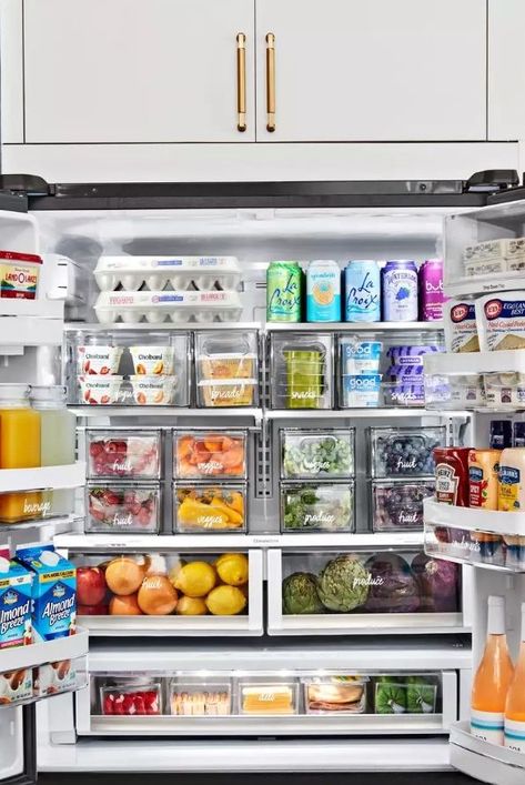 Full Organized Fridge, Organisation, Stocked Up Fridge, Organized Stocked Fridge, 3 Door Fridge Organization, Fully Stocked Fridge Aesthetic, Things To Have In Your Fridge, Astetic Fridge, Full Fridge Organization