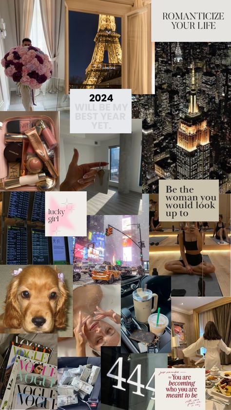 2024 new years good things are coming vision board money boyfriend love nyc paris dog lucky girl 2024 Vision Board Painting, 2024 Vision Board Poster, 2024 Vision Board Collage, Vision Board Ideas On Poster Board, Vison Bored 2024, Cork Board Vision Board, Vision Mapping, 2024 Habits, Vison Bored