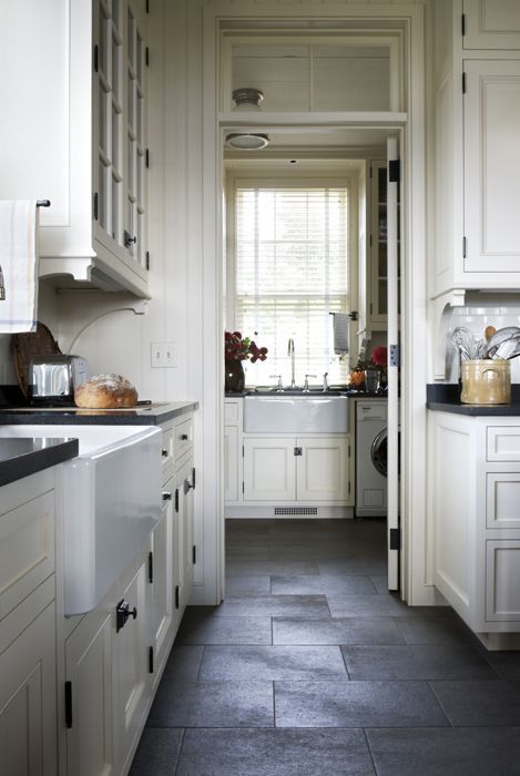 kitchen plus laundry room. i need. Kitchen Tile Inspiration, Slate Floor Kitchen, Black Slate Floor, Frameless Kitchen Cabinets, Slate Kitchen, Slate Tile Floor, Slate Flooring, Cabinet Ideas, White Cabinetry