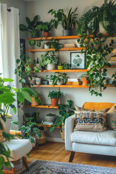 Hang in Style: Creative Hanging Plant Ideas Houseplant Interior Design, Bedroom Idea With Plants, Plant Decor Room Aesthetic, Room Of Plants, Indoor Plants Home Decor, House With A Lot Of Plants, Plant Themed Apartment, Studio Apartment With Plants, Plant Inspo Living Rooms