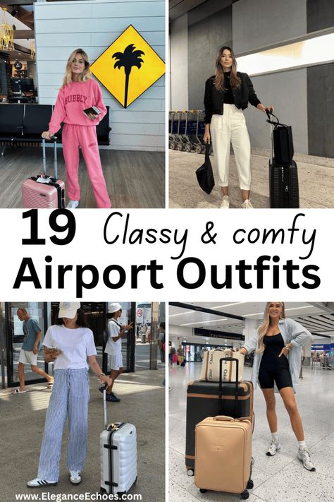 Takeoff in Style with 19 Cute and Comfy Airport Outfits Fancy Travel Outfits, Work Travel Outfit Plane, Classy Airport Outfit Chic Travel Style, Airport Outfit Dress, Airport Outfit Comfy Long Flight, Airport Outfit Comfy Travel Style, Airport Style Comfy, Comfy Cute Airport Outfit, Airport Outfit Aesthetic