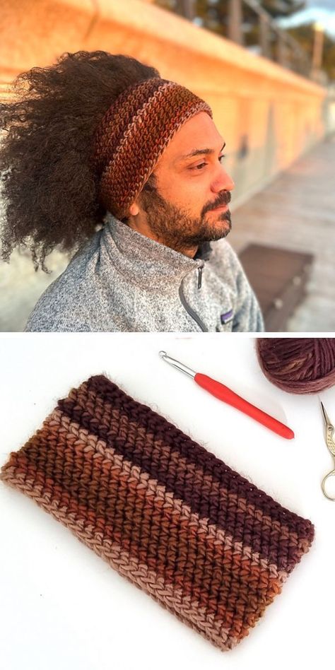 a man wearing a crochet headband in brown Hair Band For Men, Crochet Headband For Men, Crochet Items For Men, Crochet Ideas Men, Crochet For Him, Crochet Projects For Men, Crochet Ideas For Men, Earwarmer Crochet Pattern, Mens Headband