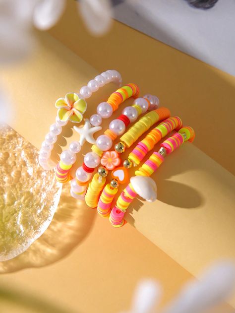 Multicolor  Collar     Embellished   Women Fashion Jewelry Wedding Clay Bead Bracelets, Simple Preppy Bracelets, Cute Bracelet Inspo Clay Beads, Preppy Glass Bead Bracelets, Clay And Seed Bead Bracelet, Surfing Themed Birthday Party, Clay Beaded Bracelets Summer, Summery Clay Bead Bracelets, Flat Round Bead Bracelet