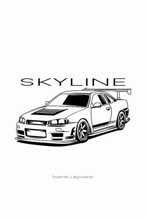 Car Art Design, Nissan Skyline Gtr R34 Tattoo, Jdm Car Outline Drawing, Skyline Car Drawing, Cool Cars Drawings, Skyline Gtr R34 Drawing Easy, Nissan R34 Drawing, Nissan Gtr R34 Drawing, Nissan Gtr Tattoo