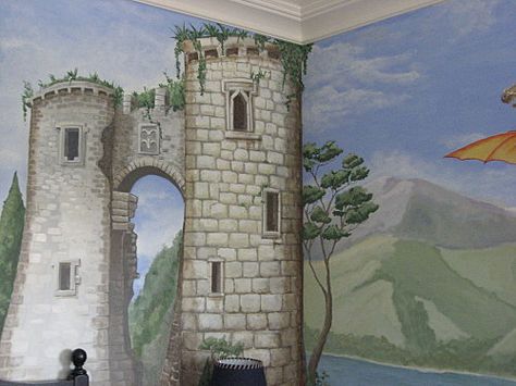 Castle Mural Painting Castle Walls, Class Mural, Castle Mural, Play Therapy Room, Fairytale Bedroom, Castle Bedroom, Teen Lounge, Castle Rooms, Sunday School Rooms