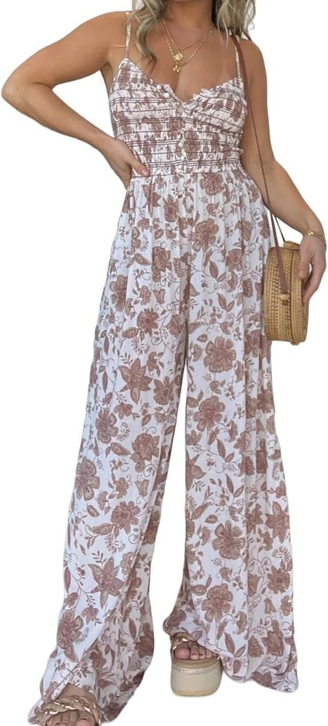 PRICES MAY VARY. Floral Suspender Wide-Leg Jumpsuit: Featuring a unique coco pattern, this eye-catching one-piece is sure to turn heads wherever you go. Lightweight and breathable: This jumpsuit is made of soft and high-quality fabric, ensuring comfort and durability. Convenient Pockets: This jumpsuit features two side pockets, allowing you to carry small essentials with ease, perfect for a day out or running errands. Perfect for summer: Whether you're strolling along the beach or attending a su Tall Jumpsuits For Women, Summer Winery Outfit Casual, Amazon Summer Outfits, Errands Outfit Summer, Summer Country Concert Outfit, Coastal Clothing, Bohemian Outfit, Summer Country, Clothing Wishlist