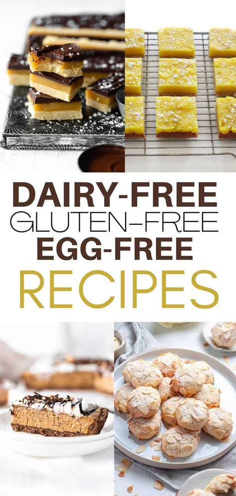 Millionaire bars, dairy-free lemon bars, vegan cookies, vegan pie Gluten Free Egg Free Desserts, Gluten Free Egg Free Recipes, Allergy Free Recipes Dinner, Egg Free Snacks, Gluten Free Dinner Ideas, Corn Free Recipes, Nut Free Desserts, Egg Free Desserts, Egg Free Cookies