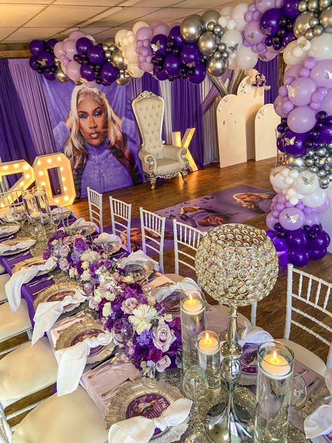 Elegant Purple Party Decorations, Purple Black And Silver Sweet 16, 21 Shades Of Purple Party, Shades Of Purple Decorations, Shades Of Purple Party Theme, Purple Silver White Birthday Party, Purple And Gold 40th Birthday Party, Silver And Purple Party Decor, 60 Shades Of Purple Party