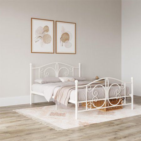 Sometimes dont you wish you could inject some old Parisian glam into your sleeping space for a totally rich and indulgent look? The Desert Fields Bombay Metal Bed is the piece of furniture youve been looking for! Designed with an elegant metal frame that features whimsical curves and fleur-de-lis detailing on the headboard and footboard, the bed will fit seamlessly in any bedroom or guestroom. Crafted with a secured metal slat system not only means that your mattress will be able to breathe but Parisian Glam, Full Size Metal Bed Frame, White Metal Bed Frame, Bed Inspired, White Metal Bed, Queen Metal Bed, Platform Bed Frame With Headboard, Headboard Queen, Metal Platform Bed Frame