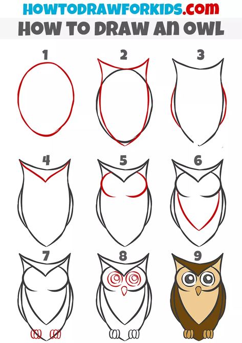 Owl Cartoon Cute, Owl Drawings Easy, Kawaii Owl Drawing, Owl Drawing Tutorial, Cute Owl Drawing Cartoon, Owl Doodle Easy, How To Draw Owls, How To Paint An Owl, How To Draw A Owl