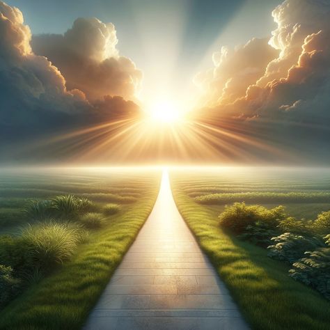 A serene landscape at dawn, featuring a narrow path leading towards a radiant, glowing light in the distance. The path is bordered by lush greenery, symbolizing growth and life. In the sky, soft rays of sunlight break through the clouds, illuminating the path and representing divine guidance and wisdom. The image conveys a sense of peace, guidance, and decision-making in harmony with one's life path and principles, appealing to bible readers. Nature, Sun Path, Mind Movie, Vibe Board, Path To Heaven, Narrow Path, Create Video, Epoxy Ideas, Serene Landscape