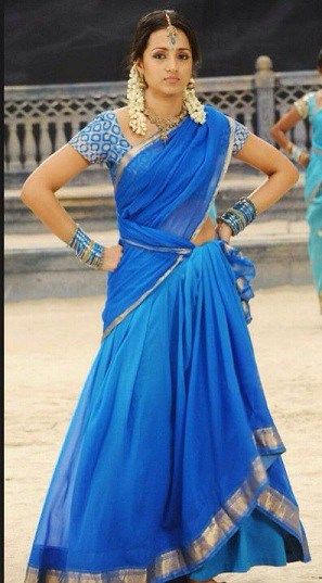 Trisha in Saree - Top 9 Unforgettable Looks with Style Tips Kawaii, Trisha Blue Saree, Half Saree Cotton, Half Saree Latest Models, Sky Blue Half Saree, Plain Half Saree Designs, Half Saree Simple, Half Sarees South Indian, Simple Half Saree Designs South Indian