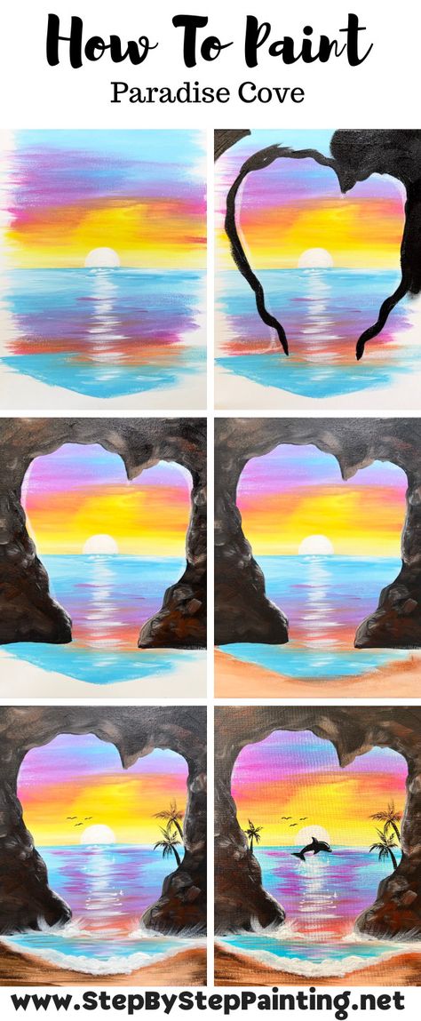 Paradise Cove - Acrylic Painting Tutorial Tela, Easy Nature Painting Tutorial, Canvas Painting Ideas Dolphins, Dolphin Sunset Painting, Sunset Ocean Painting Easy, How To Learn To Paint, Easy Summer Painting Ideas On Canvas, Pretty Painting Ideas Easy, Easy Dolphin Painting