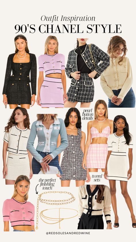 90's Chanel Inspired Outfits - Red Soles and Red Wine Chanel Themed Outfit, Vintage Chanel Inspired Outfits, Chanel Everyday Outfit, 90s Chanel Inspired Outfit, Chanel Tweed Outfit 90s, Chanel Inspired Cardigan Outfit, Chanel Event Outfit, Channel 90s Fashion, Chanel In 90s