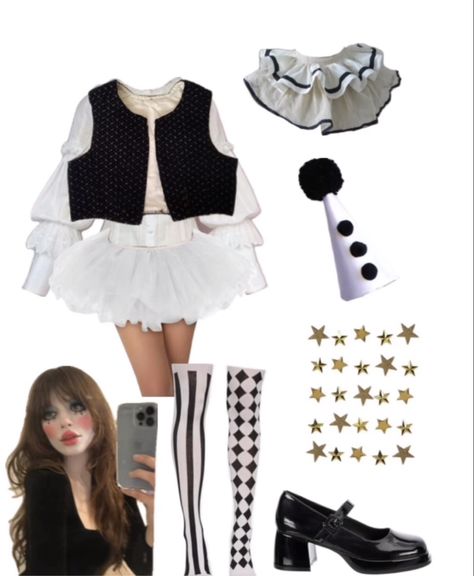 aesthetic clown costume halloween inspo via @ isabellaravioli on tiktok Modern Clown Outfit, Clown Outfits Women, Pierrot Clown Costume Diy, Girly Clown Costume, Cute Vintage Clown Costume, Clown Vintage Costume, Retro Clown Costume, Old Clown Costume, 1920s Clown Costume