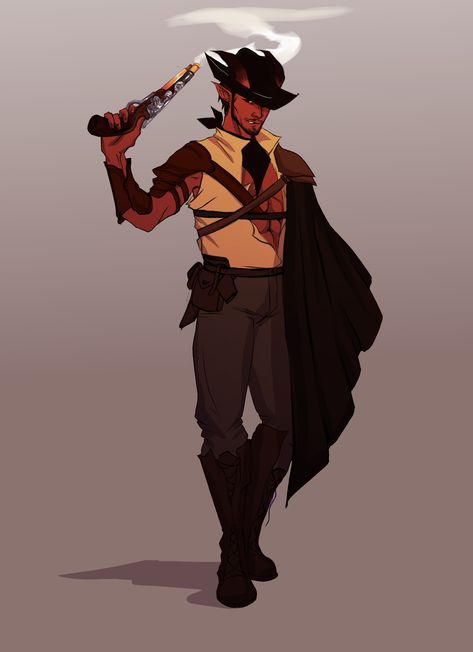 Dnd Tiefling Cowboy, Dnd Sheriff, Wild West Dnd Character, Cowboy Dnd Character, Dnd Fancy Clothes, Dnd Wild West, Tiefling Cowboy, Pathfinder Gunslinger, Suspenders Drawing