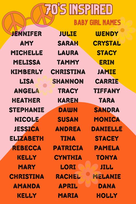 Cute 70's inspired baby girl names! Over 50 seventies most popular names | cute names | first name | girl middle name | Do you spot a name of someone you know? 80s Names List, African American Last Names, Popular 80s Names, Y2k Girl Names, First Names For Characters, 2000s Names, 60s Names, 50s Names, 70s Names