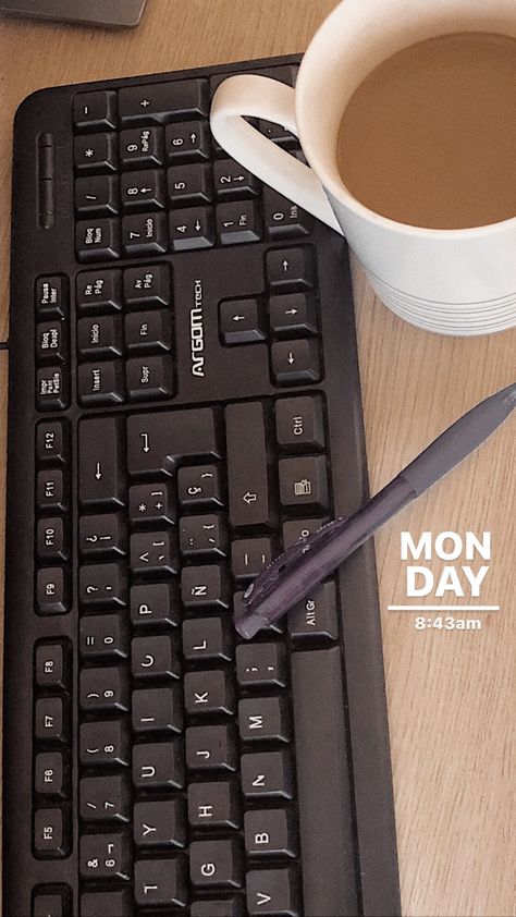 A keyboard, blue ink pen and a cup of coffee with milk Monday Morning Instagram Story, Monday Ig Story Ideas, Monday Mood Instagram Story, Monday Snapchat Stories, Sunday Morning Instagram Story, Monday Aesthetic Instagram, Monday Instagram Story Ideas, Monday Story Instagram, Sunday Story Instagram