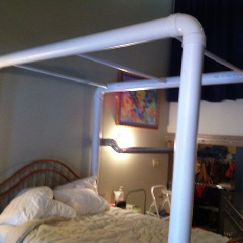 Canopy bed frame out of PVC pipe Pvc Pipe Canopy Bed, Bed No Frame, Queen Size Canopy Bed, Pvc Tent, Pipe Bed, Diy Kids Bed, Canopy Diy, Kids Bed Canopy, Wood Canopy Bed