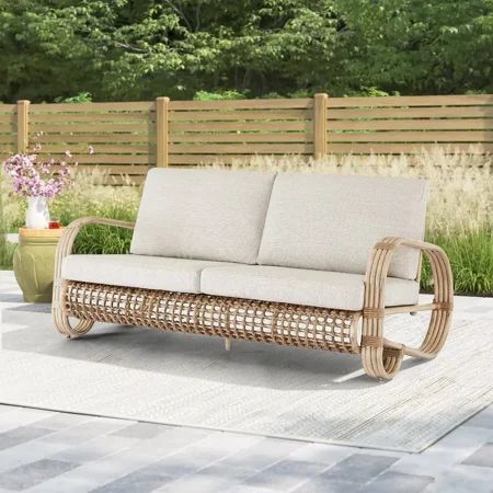 Rest assured that our 2 seat wicker outdoor sofa can be integrate in your outdoor space! Crafted from water-resistant resin PE wicker wrapped in powder-coated aluminum frame ensure years of long-lasting and durability, which can support up to 600 lbs. The foot pads on the bottom prevent chairs from scratching your beloved floor. In particular, the overall arc structure of the hollowed-out rattan at the bottom is eye-catching and reduces stereotypes. We love that it come with upgraded foam-filled cushions for all-day lounging. Plus, the cushions have a detachable zipper to make cleaning a breeze. The patio love seat can used in your dining room, patio, balcony, garden, porch, and even pool. Color: Beige. Indoor Sunroom Furniture, Porch Furniture Layout, Sunroom Seating, Patio Set Up, Wicker Daybed, Small Outdoor Patios, Sunroom Furniture, Porch Sitting, Wicker Loveseat