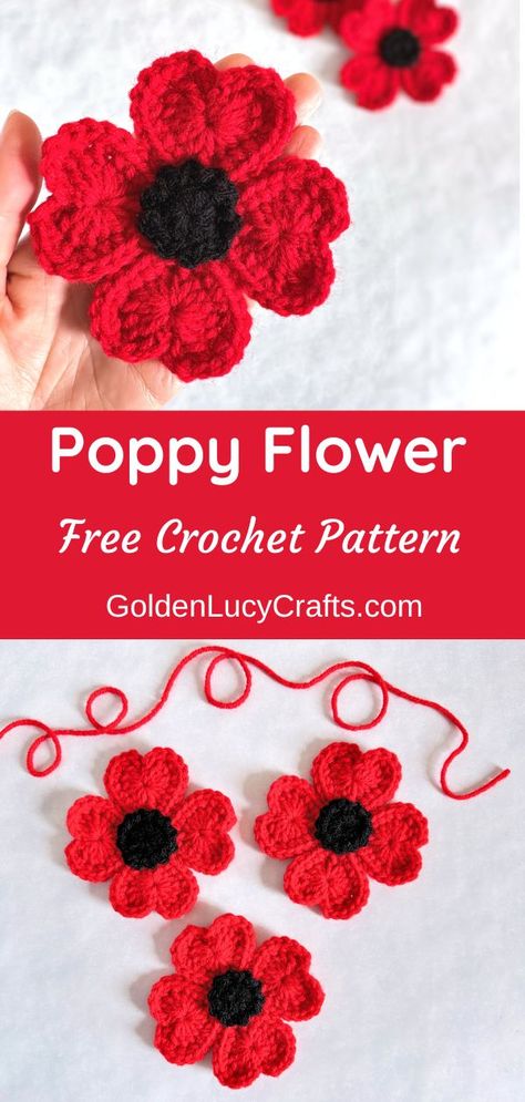 Crocheted red poppies with heart petals. Amigurumi Patterns, Patchwork, Crochet Poppy Free Pattern, Crochet Poppy Pattern, Crochet Roses, Crochet Poppy, Crochet Brooch, Crochet Heart Pattern, Crochet Flowers Free Pattern