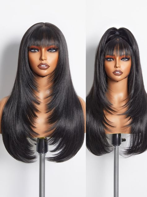 PRICES MAY VARY. 🔥EXPERIENCE STYLE-ARCHIVE: Ingeniously crafted with a blend of Premium Fiber and Remy Human Hair, our black mixed brown highligh wigs boast a "human-hair-like" touch, paired with the exceptional lasting power of premium fibers. Say goodbye to messy tangles or losing your style throughout the day. Embrace the beauty that stays impeccable from morning to night. 🔥PUT ON & GO: Beginner-friendly. This 22 inch glueless natural black straight layered wig with bangs requires no expert Ella Bandz 2014, Butterfly Braids Short, Wig Looks For Black Women, Straight Glueless Wig, 360 Wigs For Black Women, Wig Design Style, Trending Wig Styles, Pretty Wigs Black Women, 80s Black Women Hairstyles