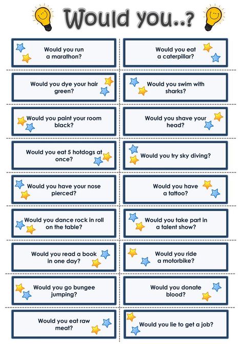 These are some fun conversation cards with "Would you" questions for your ESL students. English Class Icebreakers, Speaking Cards For Kids, English Class Ideas, English Class Activities, Easy English Speaking, Speaking Activities Esl, Speaking Activities English, Speaking Cards, English Speaking Practice