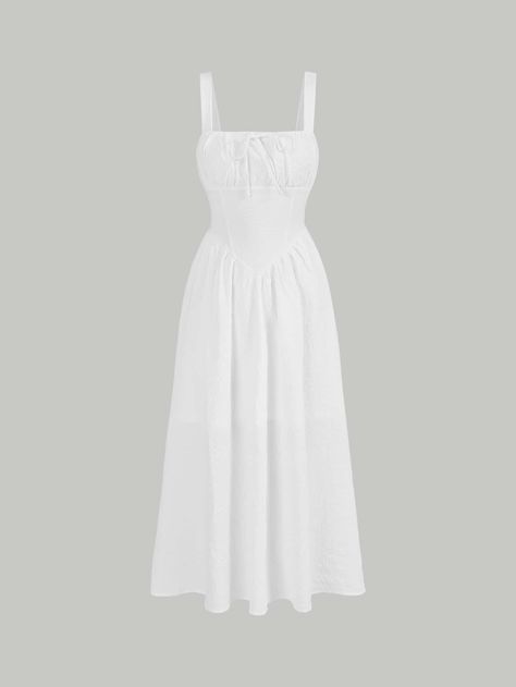 White Casual Collar Sleeveless Woven Fabric Plain Cami Embellished Non-Stretch  Women Clothing Pretty White Dresses Casual, Whiye Dress, Plain White Dress Casual, Simple White Long Dress, White Long Dress Outfit, Long White Dress Summer, Vestidos Blancos Aesthetic, White Dresses For Teens, White Dress Casual
