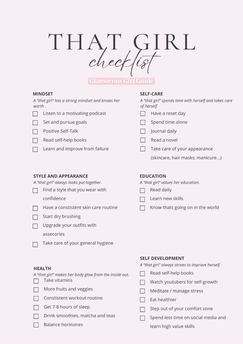 try this aesthetic that girl checklist to become the best version of yourself!! / self improvement, that girl aesthetic, self development, that girl routine, personal growth, that girl wallpaper, how to become that girl, best self, highest sef, self care, selfcare, personal development, goals inspiration, mindset quotes, health, education, self love, affirmations, glow up, glow up checklist, glow up tips