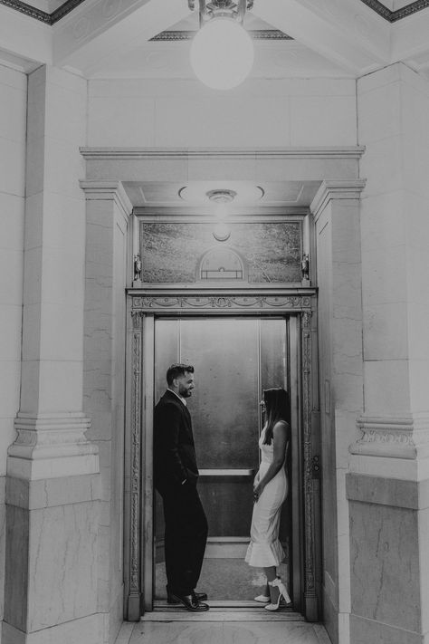 New England-based photographer captures an engagement session in a luxury hotel showing shots of intimate poses between the elevator doors, and the couple walking up and down these aesthetic spiral stairs.  #Hotelphotoshootideas #Timelessphotoshoots #NewEnglandphotographer Pre Wedding Photoshoot Hotel, Stair Couple Poses, Hotel Elevator Photoshoot, Wedding Hotel Photoshoot, Engagement Photos On Stairs, Photo Ideas Stairs, Hotel Photoshoot Couple, Elevator Engagement Photo, Couple In Elevator