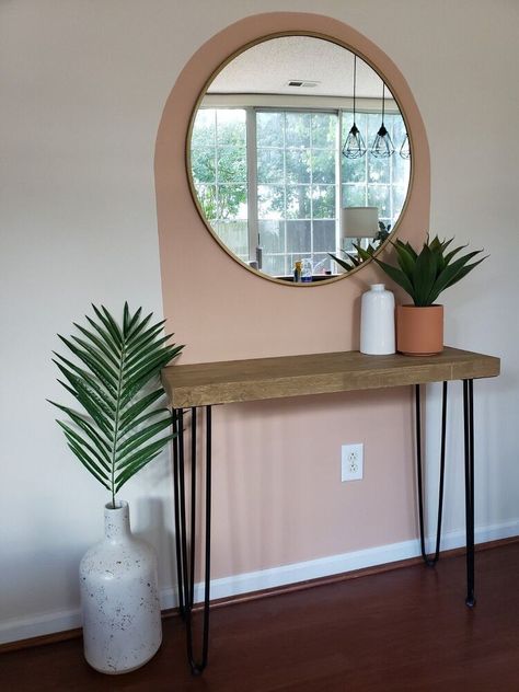 I wanted to give our dinning room a new look. I've always been into color block walls so I decided to finally try it out, and I'm obsessed.   For the supplies I used:• large leveler• paint• painters tape• pencil• thread• paint brush• tape measure   First thing I did was measure. I made my arch wall 34 inch, and marked it.Also, tape up any space you don't want to paint   I laid the tape measure on the ground and took a step back to make sure it was centered on my wall   Then once I was… Bilik Kecil, Diy Dekor, Diy Entryway, 카페 인테리어 디자인, Hiasan Bilik, Bilik Tidur, Block Wall, Design Case, 인테리어 디자인