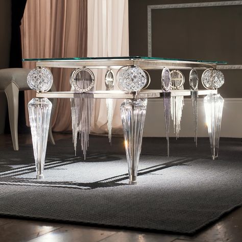 Glass Table Legs, Crystal Coffee Table, Crystal Table Decor, Crystal Dining Table, Coffee Table Luxury, Mirror Dining Table, تصميم الطاولة, Luxury Dining Tables, Silver Furniture
