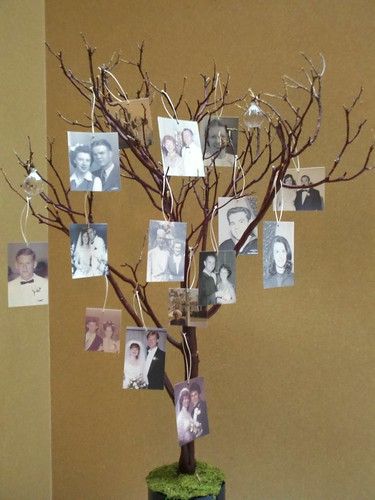 Tree Branch Table Decor, Tree Branch Centerpieces Diy, Memorial Tree Ideas, Family Reunion Centerpieces, Picture Centerpieces, Tree Branch Centerpieces, Reunion Centerpieces, Family Tree For Kids, Branch Centerpieces