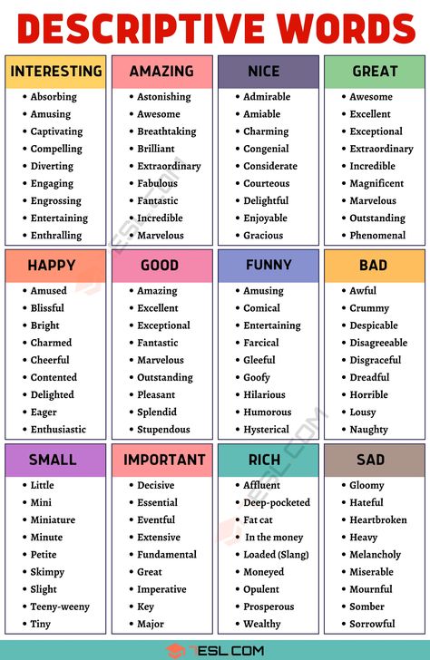 Descriptive Words: Hundreds Of Descriptive Adjectives & Adverbs With Examples - 7 E S L Writing Vocabulary Words, Business Adjectives, Descriptive Essay Example, Good Descriptive Words, Words For Good, Description Words, Descriptive Adjectives, Descriptive Language, Good Adjectives