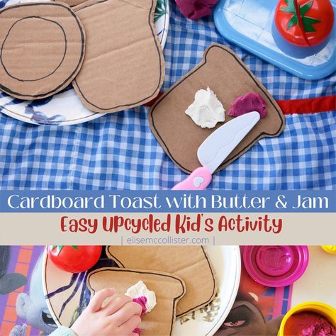 Cardboard toast with play dough butter and jam is the perfect way to upcycle old cardboard boxes; teach kids the Montessori way as they use their fine motor skills to spread white or cream play dough (the "butter") and red or purple play dough (the "jam") on the cardboard "bread" or "toast" Toddlers And Preschoolers, Toast With Butter, The Best Fudge, Best Fudge, Favorite Christmas Desserts, Montessori Learning, Butter Spread, Cardboard Boxes, Toddler Fun