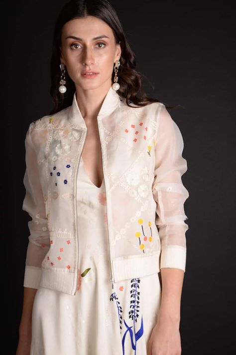 Buy White Silk Organza Band Collar Abr Bomber Jacket For Women by Sahil Kochhar Online at Aza Fashions. Organza Jacket Dress, Organza Jackets For Women, Organza Blazer, Sahil Kochhar, Simple Frock, Organza Jacket, Simple Frock Design, Salwar Pants, Simple Frocks