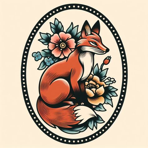 Cameo Tattoo Traditional, Sailor Jerry Flowers, Old School Fox Tattoo, Fox Traditional Tattoo, Fox Tattoo Traditional, Old School Animal Tattoo, Top Of Arm Tattoo, Oval Tattoo, Traditional Fox Tattoo